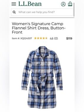 L.L Bean Women's Signature Camp Button-Front Flannel 100% Cotton Dress Size 8